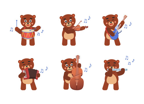 Set of cute bear characters playing on various music instruments. Chibi bear with drum, violin, guitar, flute, accordion, double bass. Vector illustration