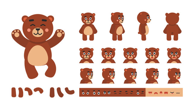 Cute chibi brown bear creation kit. Create your own pose, action, animation. Vector illustration