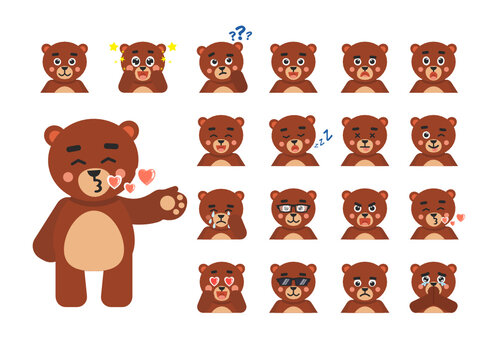 Set of cute brown bear avatars, emoticons. Bear laugh, cry, sad, angry,  sleep, dazed, surprised, cool, in love and showing other expressions. Vector illustration