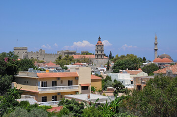Sweeping view over the rooftops of Rhodes, Greece, as seen from the old city castle walls
