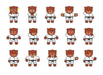 Karate bear set showing various emotions. Karate bear emoticons: amazed, begging, angry, sad, in rage, tired, suspicious and other expressions. Vector illustration bundle
