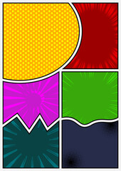 Colorful comic book page template. Cartoon design colored background. Comics vector illustration.