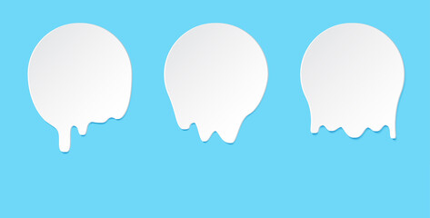 Melt drip stickers or circle milk labels. Vector liquid drops icons for graffiti blob stickers. White liquid or melted chocolate drips, milk, current paint.