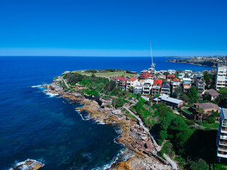Panoramic  Aerial Drone View of  Bondi Beach Sydney NSW Australia houses on the cliff