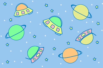 vector illustration of space isolated on blue background. spaceship, planet, star, space background. cartoon style. modern scribble for kids, card, wallpaper, fabric, wrapping, sticker, cover. doodle.