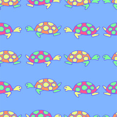 seamless pattern with turtle vector illustration isolated on blue background. hand drawn vector. modern scribble for kids, wallpaper, fabric, wrapping paper and gift. simple sketch, cartoon style. 