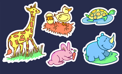 set of funny animals vector illustration isolated on dark blue background. hand drawn vector. modern scribble for kids, sticker, clip art, education, learning. simple sketch, cartoon style. doodle art