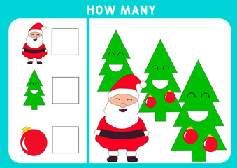 Educational mathematical game. How many objects task, christmas theme. Learning mathematics, numbers, addition theme. Counting game for children.
