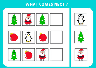 “What comes next” is educational game for the development of logical thinking of children. Find the regularity and continue the row task. Christmas theme. Difficulty level 1. Vector illustration