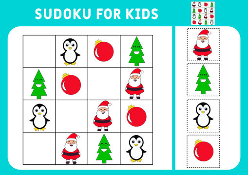 Sudoku for kids. Sudoku. Children's puzzles. Educational game for children. santa claus, penguin, christmas tree. Activity page with pictures. A puzzle game for children. Isolated vector 