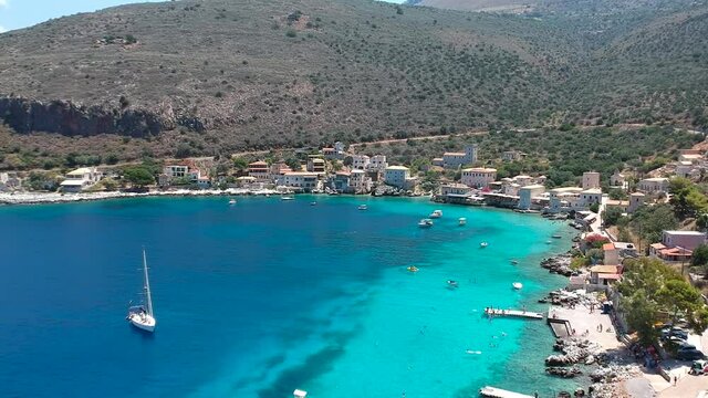 Aerial panorama view of the famous village Limeni with amazing colors and turquoise crystal water. Amazing scenery over Laconia, Peloponnese, Greece, Europe