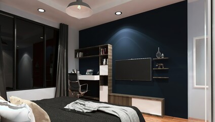 modern bedroom 3d interior, navi blue