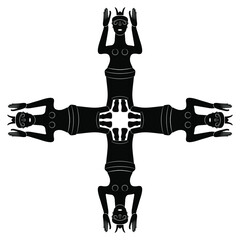 Cross made of four female figurines. Cretan Minoan sculpture of ancient goddess with raised hands. Great Mother archetype. Black and white silhouette. - obrazy, fototapety, plakaty