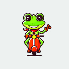 Cartoon green frog mascot ride a scooter from front one