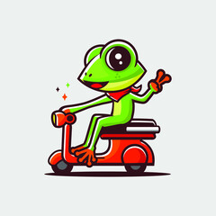 Cartoon green frog ride a scooter from side