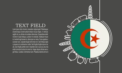 Circle with cargo theme relative silhouettes. Design set of natural gas logistic. Objects located around circle. Industry theme leaflet or brochure template with space for text. Flag of Algeria