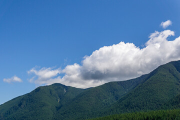mountains covered with green forest blue sky with white clouds