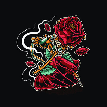 illustration of a tattoo machine and red rose