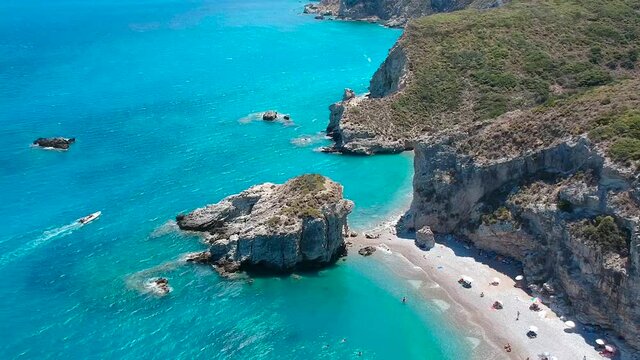 Aerial panoramic view of the famous rocky beach Kaladi. Amazing scenery with crystal clear water and the and the rock formation in Kythira island during Summer period. Ionian, Greece, Europe.