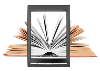 Open paper book flipping pages on electronic book display white background isolated close up,...