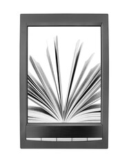 Open paper book flipping pages on electronic book display white background isolated close up, textbook turning pages on e-book screen, e-reader tablet, ebook digital library, ereader education concept