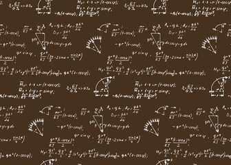 Retro education background. Trigonometry law theory, mathematical formulas and equations on chalkboard. Vector hand-drawn seamless pattern on blackboard.