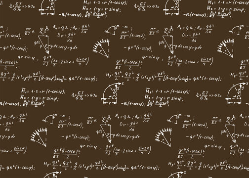 Retro education background. Trigonometry law theory, mathematical formulas and equations on chalkboard. Vector hand-drawn seamless pattern on blackboard.
