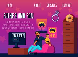 Website page with father and son playing video games flat vector illustration.