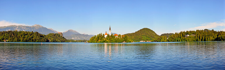 Panorama of lake Bled in Slovenia landscape