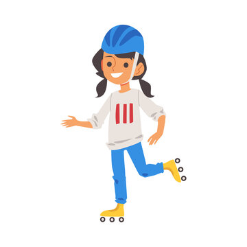 Girl character skating on roller skates flat vector illustration isolated.