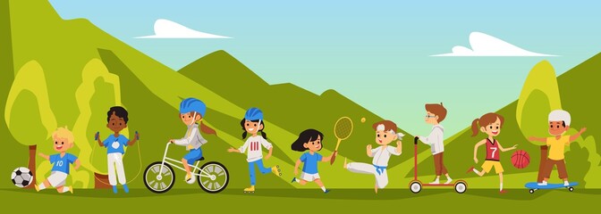Physical activity of children outdoors in the park or in nature vector flat banner.