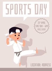 Naklejka premium School sports day banner with boy in karate pose, flat vector illustration.
