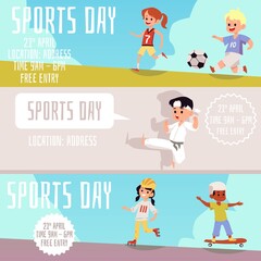 Fototapeta na wymiar Set of banners for children sports day with kids, flat vector illustration.