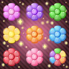 Jelly of flowers for match 3 puzzle game. Vector illustration.