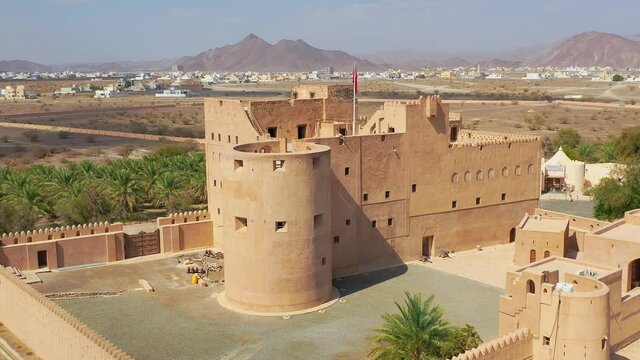 Whimsical Jabreene Castle in the Sultanate of Oman, Aerial dolly out