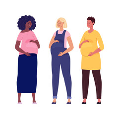 Set of beautiful pregnant women hugging their big bellies. Illustration. Vector in a flat cartoon style.