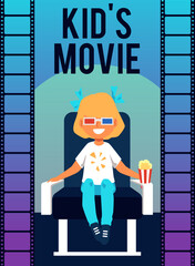 Kids movie advertising banner or flyer with child flat vector illustration.