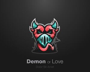 Demon of love logo. Heart devil with mask logo