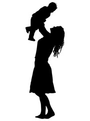 子供を抱き上げる母親のシルエット