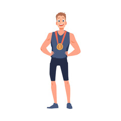 Man champion of competition with gold medal flat vector illustration isolated.