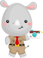 a vector of a cute rhino wearing a cute safari ranger costume