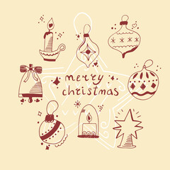 Hand drawn set of candles, christmas tree toys and balls, star and bell. Text Merry Christmas. 