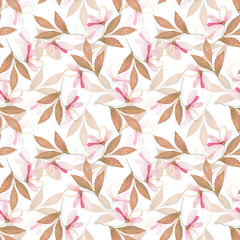 Pink and gold watercolor leaves seamless pattern. Delicate floral background with glitter