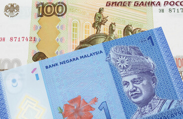 A macro image of a Russian one hundred ruble note paired up with a blue, plastic one ringgit bank note from Malaysia.  Shot close up in macro.