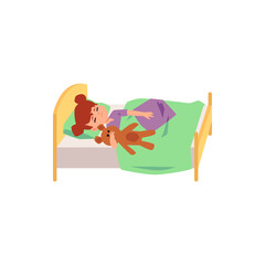 Child girl sleeping in bed with teddy bear, flat vector illustration isolated.