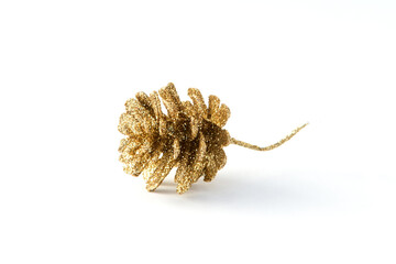 One golden pine cone isolated on the white background