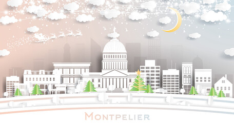 Montpelier Vermont City Skyline in Paper Cut Style with Snowflakes, Moon and Neon Garland.