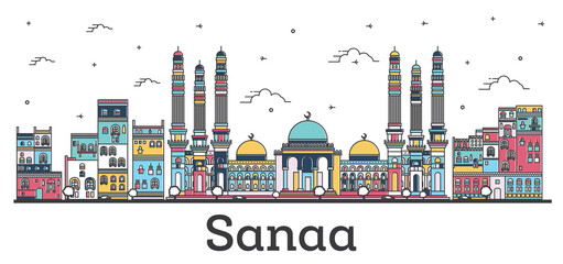 Obraz premium Outline Sanaa Yemen City Skyline with Color Buildings Isolated on White.