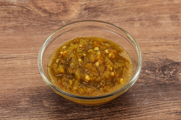 Green spicy sauce in the bowl
