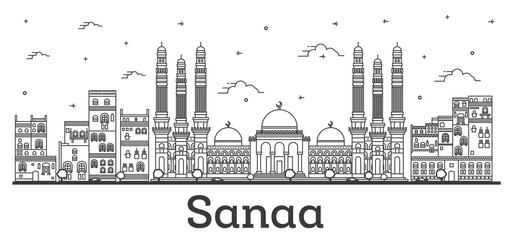 Fototapeta premium Outline Sanaa Yemen City Skyline with Historic Buildings Isolated on White.